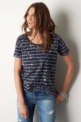 American Eagle Outfitters Black Splatter Striped T-Shirt, Womens Large