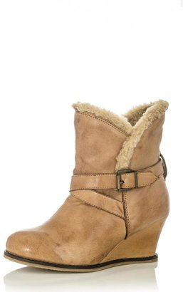 Quiz Tan Leather Fur Lined Wedges