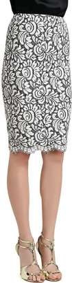 St. John Graphic Lace Pencil Skirt with Scalloped Hem and Back Slit