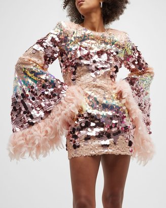 Bronx and Banco Sequin Feather-Trim Mini Dress