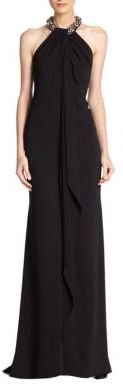 Carmen Marc Valvo Jeweled Cascade-Front Crepe Gown