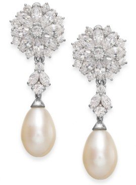Arabella Cultured Freshwater Pearl and Swarovski Zirconia Drop Earrings in Sterling Silver (8mm)