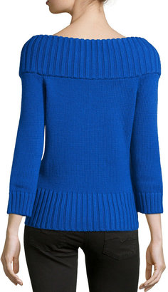 Michael Kors Off-the-Shoulder Ribbed Wool Sweater, Royal