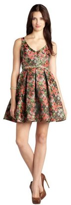 ABS by Allen Schwartz red and pink floral jacquard belted v-neck fit and flare dress