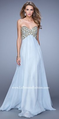 La Femme Pearl-Embellished Empire Waist Prom Dress