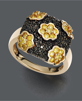 Macy's Yellow Diamond (1 ct. t.w.) and Black Diamond Accent Square Flower Ring in 14k Gold