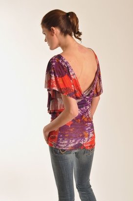 T-Bags Flutter Sleeve U-Neck Top with Drape Back in Purple Print