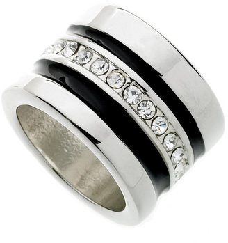 GUESS Ring, Silver-Tone Crystal and Black Enamel Band