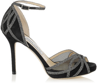 Jimmy Choo Mambo Black Suede and Anthracite Lamé Glitter Sandals