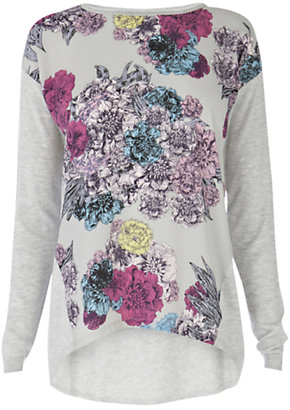 Warehouse Floral Print Woven and Knitted Jumper, Light Grey