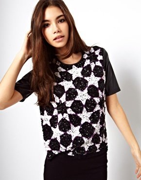 ASOS T-Shirt with Star Embellishment and PU Sleeves - Black
