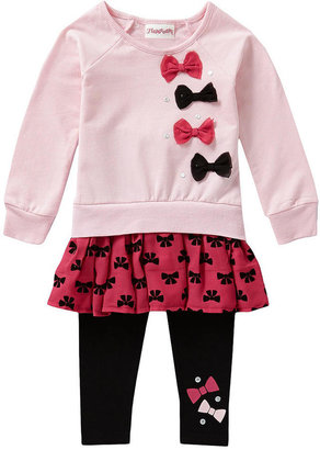 Flapdoodles 2T-6X French Terry Bodice/Flocked-Bow Chiffon-Skirted Dress & Leggings Set