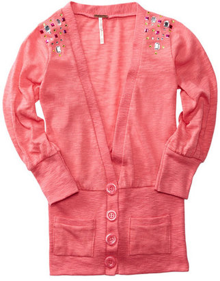 Poof Too Embellished Slub Knit Jersey Cardigan (Little Girls & Big Girls)