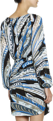Emilio Pucci Long-Sleeve Feather-Print Dress with Chain-Strung Neck