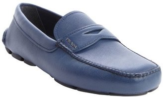 Prada blue leather moc toe penny loafers