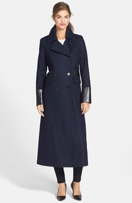 DKNY Long Double Breasted Wool Blend Coat with Faux Leather Trim