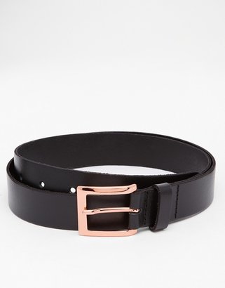 ASOS Smart Leather Belt In Black With Rose Gold Buckle