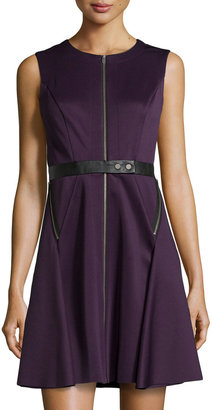 Suzi Chin for Maggy Boutique Zip-Front Leather-Belted Fit-And-Flare Scuba Dress, Purple/Black