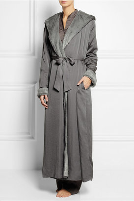 Donna Karan Sleepwear Hooded faux fur-lined washed-satin robe