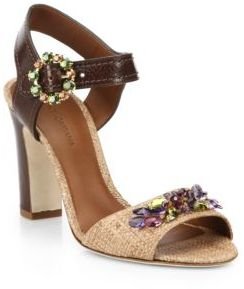 Dolce & Gabbana Bejeweled Leather and Raffia Sandals