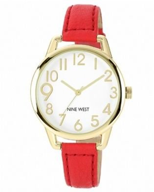 Nine West Ladies red strap with yellow gold tone case watch