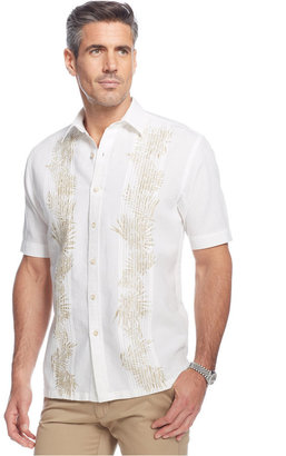 Tasso Elba Island Big and Tall Linen-Blend Palm-Print Pintuck Shirt