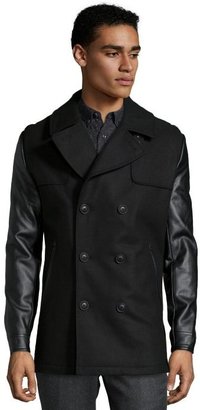 Elie Tahari black wool blend and faux leather sleeve peacoat