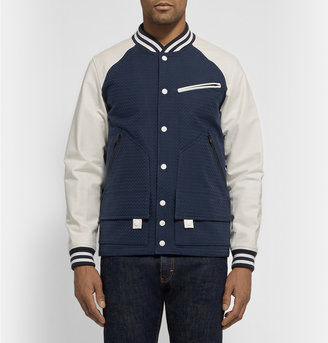 White Mountaineering Leather-Trimmed Patterned Cotton Bomber Jacket