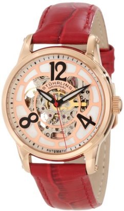 Stuhrling Original Women's 365.134H7 Vogue Audrey Rosetta Automatic Skeleton Mother-Of-Pearl Dial Red Leather Strap Watch