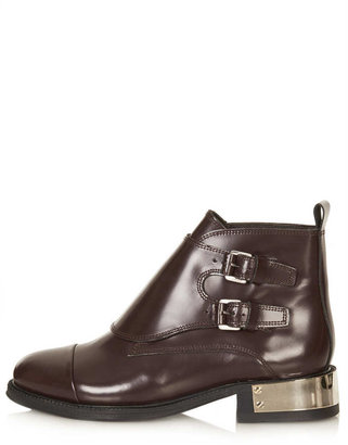 Topshop Premium bordeaux leather monk boots with metal trim on the heel. heel height approx 3cm 100% leather. do not wash.