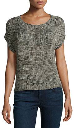 Halston Short-Sleeve Shimmer Loop Sweater, Gray/Gold