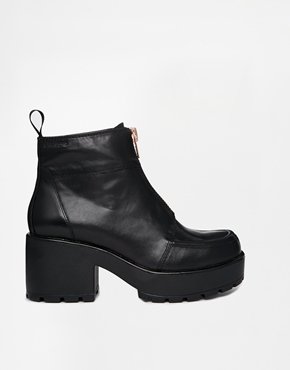 Vagabond Dioon Black Leather Zip Front Ankle Boots - Black