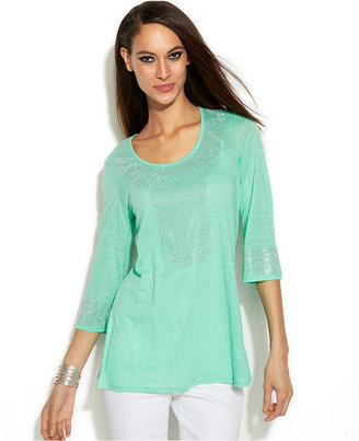 INC International Concepts Three-Quarter-Sleeve Embellished Linen Tunic Top