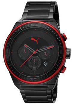 Puma Men's stainless steel IP black chronograph watch with black dial, IP red detailing and black strap