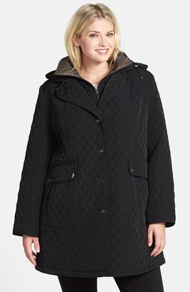 Gallery Hooded Snap Front Quilted Coat with Inset Bib (Plus Size)