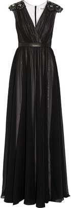Badgley Mischka Leather-trimmed silk-chiffon gown