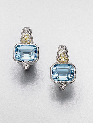 Judith Ripka White Sapphire & Blue Topaz Estate Cushion Earrings