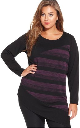 Amy Byer Plus Size Colorblock-Striped Asymmetrical Sweater