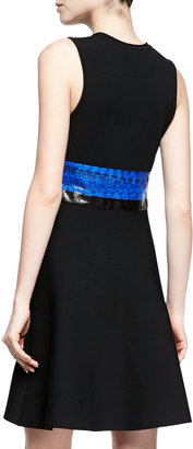 Proenza Schouler Contrast Whipsnake-Inset Fit-And-Flare Dress, Black Combo