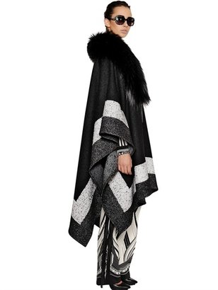 Roberto Cavalli Wool Felt Cape With Fox Fur Trim