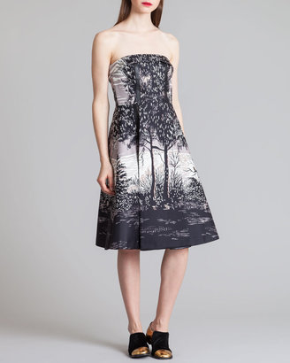 Marni Printed Strapless Pleat-Trim Dress