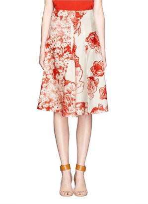 Floral wood-block print silk flare skirt