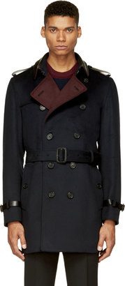 Burberry Navy Wool & Leather Classic Trench Coat
