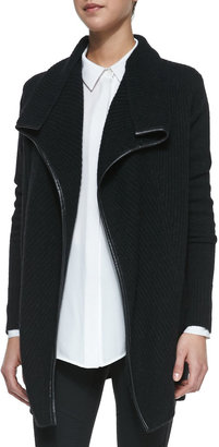Vince Ribbed Layout Drape Cardigan with Leather Trim, Black
