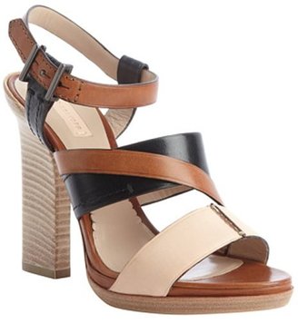Reed Krakoff tan and peach and black strappy block heel sandals