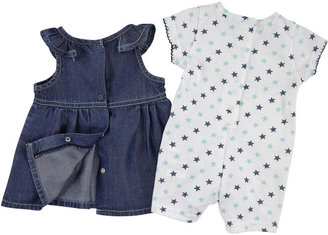 3 Pommes Cotton jersey shortall and cotton chambray dress - White and indigo