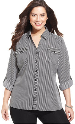 NY Collection Plus Size Striped Button-Down Shirt