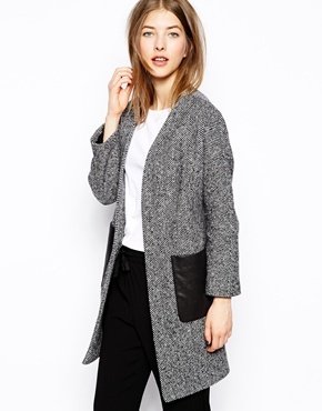Helene Berman Edge to Edge Coat with Contrast Faux Leather Pockets