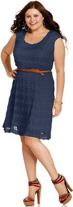 Trixxi Plus Size Dress, Cap-Sleeve Lace Belted A-Line